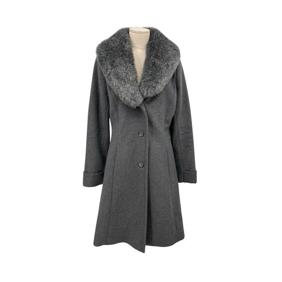 Lauren Ralph Lauren Faux Fur Trim Walker Coat Gray Wool Blend Size 8 - Picture 1 of 16